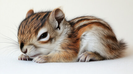 Adorable baby chipmunk resting on white background.
