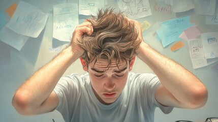 A man is sitting at a desk with a lot of papers and notes around him