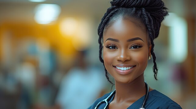 A portrait of a cheerful Black female nurse in a hospital setting, using a tablet for medical research or treatment consultations.