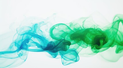 Fototapeta premium Abstract green and blue smoke swirling gracefully on a soft white background creating a serene and ethereal atmosphere for design purposes