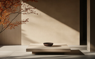 Minimalist outdoor setting with wooden table and bowl during late afternoon sunlight