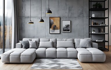 Modern sectional sofa in minimalist living room with exposed concrete wall, large window, and stylish decor.