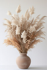 Naklejka premium Boho Dried Flowers Still Life Clay Vase with copy Space