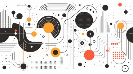 Obraz premium Colorful abstract design featuring geometric shapes and lines in black, orange, and white on a light background
