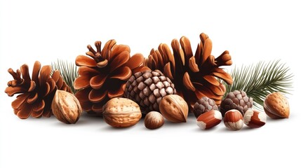 Pine cones and assorted nuts arranged with pine leaves on a white background for natural decor or seasonal themes