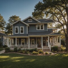 Obraz premium A suburban house with a wrap-around porch and rocking chairs.