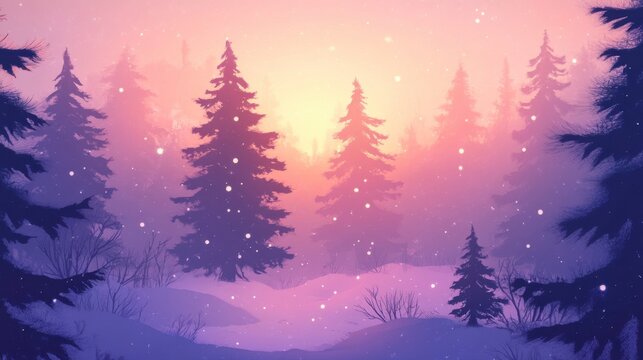 Peaceful Snowy Pine Forest at Sunset - Winter Wonderland Scene