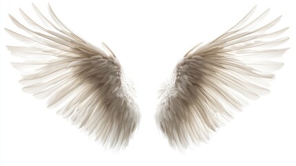 White angel wings with delicate feather details isolated on a clean white background for spiritual or artistic concepts.