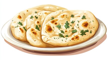 Freshly baked naan bread garnished with cilantro served on a white plate against a clean background