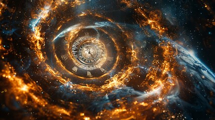 Cosmic whirlpool of time and space with glowing clock and planets in vibrant colors