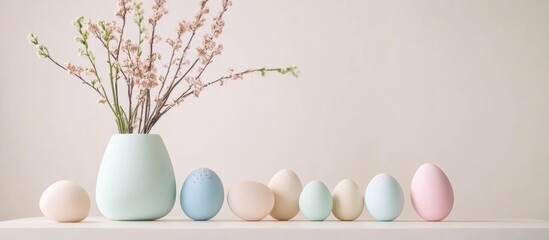 Fototapeta premium Easter decorations with pastel colored eggs and floral arrangement on a minimalist table setting for a festive spring ambiance