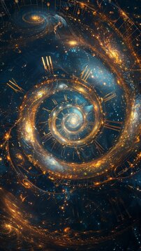 Swirling galaxy filled with stars and cosmic elements depicting the flow of time in the universe