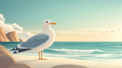 Fototapeta premium Seagull observing the tranquil sea under a serene sky at the beach during sunset