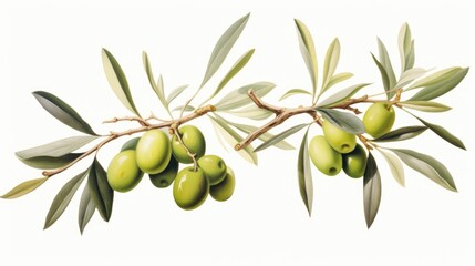 Olive branch with ripe green olives and lush leaves arranged on a clean white background for natural and culinary themes