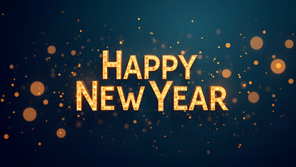 Happy new year golden text on blue and gold glitters Bokeh background. Christmas and new year banner or greeting card.