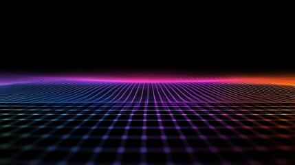 The black background with low-opacity grid lines glows softly in bright colors, creating a seamless transition between pink, purple, orange, and blue for a minimalist, high-tech feel