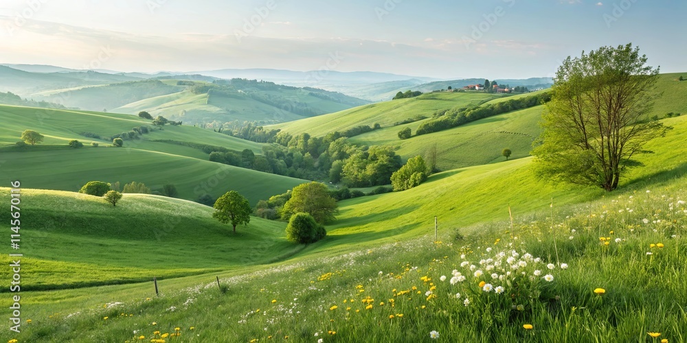 Poster a lush green field with a tree in the middle