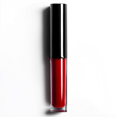 Lip gloss, red color, glass material, black cap, white background