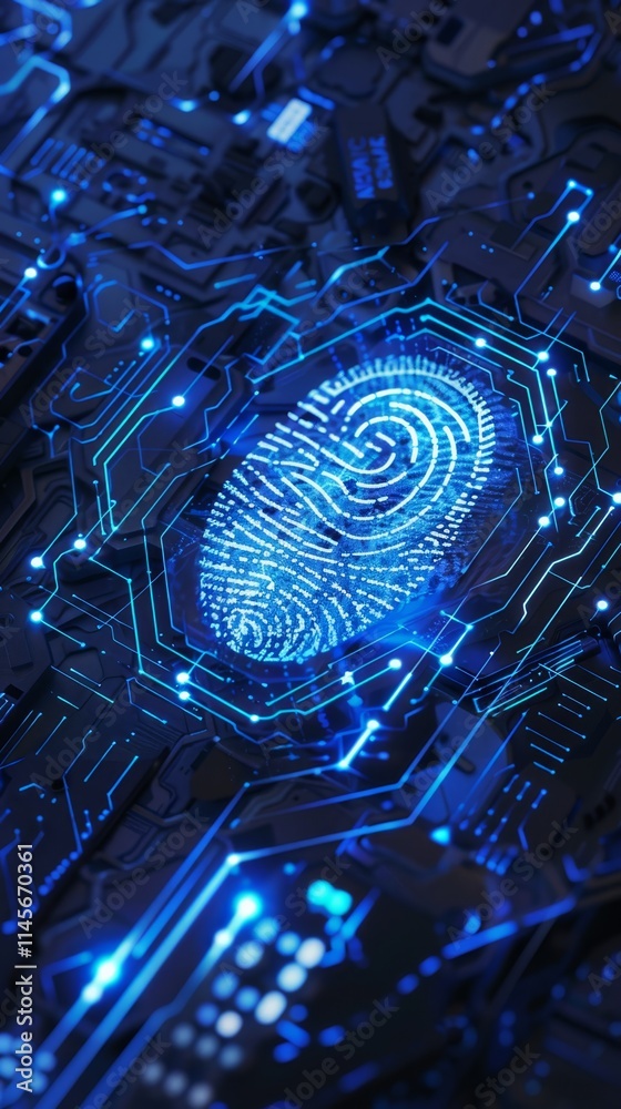 Poster high-tech fingerprint scan with glowing circuits in a dark environment showcasing digital security c