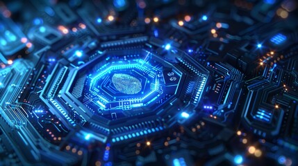 Fototapeta premium Exploring a futuristic circuit board with vibrant blue lights and intricate electronic components