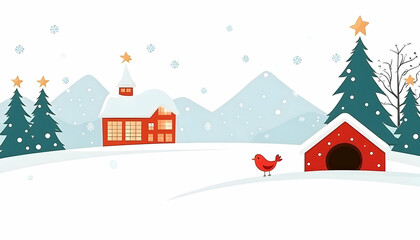 Snowy Winter Village Scene with Bird, Christmas Trees, and Mountains; Holiday Card Design.