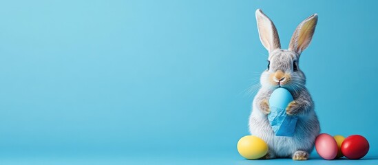 Easter Bunny with blue egg and colorful eggs on a blue background showcasing minimalism and vibrant holiday themes for spring celebrations.
