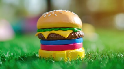 Colorful toy burger atop a plasticine stack in a grassy play area highlighting children's creative crafts and imaginative play activities.