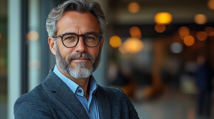 Fototapeta premium A portrait of a mature businessman in an office building, exuding confidence and a positive mindset.