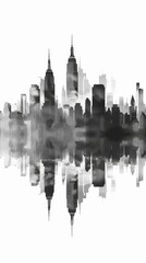 Fototapeta premium City skyline reflects in calm water creating a monochromatic urban landscape at dusk