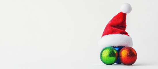 Colorful Christmas ornaments wearing a festive Santa hat create a cheerful holiday atmosphere perfect for seasonal celebrations and decorations
