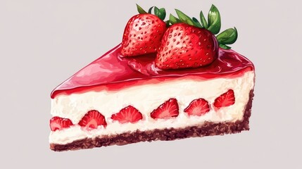 Delicious cheesecake slice topped with fresh strawberries on a light background