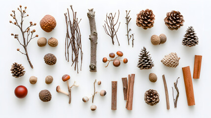 Flat lay of various autumnal natural elements on a white background.  Includes pinecones, acorns, twigs, branches, and cinnamon sticks.  Perfect for fall or winter themes.