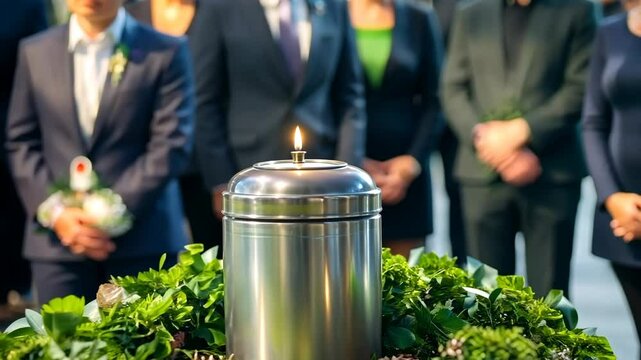 Group of mourners in solemn mood at a funeral service with a cremation urn surrounded by greenery.