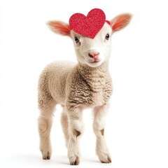 Fototapeta premium Sweet baby lamb with heart-shaped bow farm animal photography cheerful environment close-up love concept