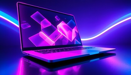 Modern laptop with a vibrant abstract background on its screen, illuminated by neon lights. The image conveys concepts of technology, creativity, and digital art.