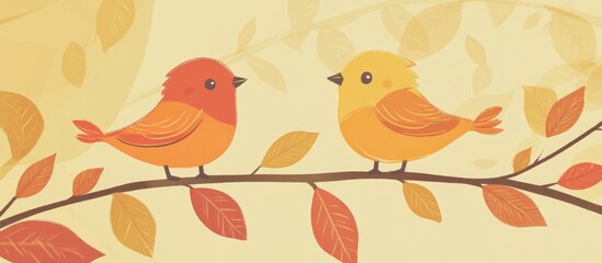 Cute cartoon birds on a branch surrounded by autumn leaves in warm colors perfect for seasonal designs and playful illustrations.