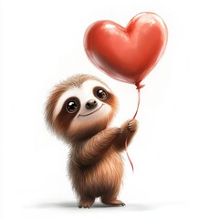 Fototapeta premium Joyful baby sloth holding heart-shaped balloon in a cute animated scene whimsical environment heartwarming concept
