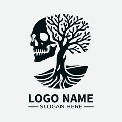 Tree of Life Skull Logo Design, Skull and Tree Symbol Logo, Life and Death Logo, Nature and Mortality Logo, Dark Fantasy Logo. 