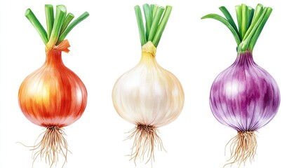 various colorful bunching onions with roots isolated on white background showcasing their distinct colors and fresh appearance