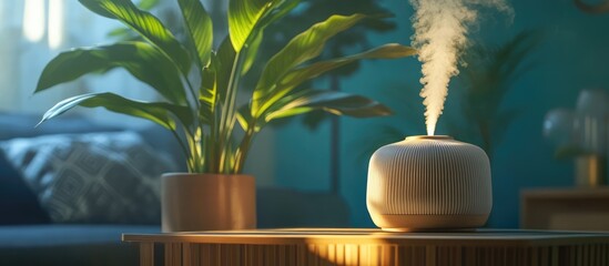 Steam from a modern air humidifier beside lush houseplant improving indoor air quality in a cozy home setting for enhanced comfort