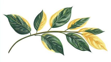 Decorative botanical illustration of leaves showcasing vibrant green and yellow striped patterns for nature inspired designs.