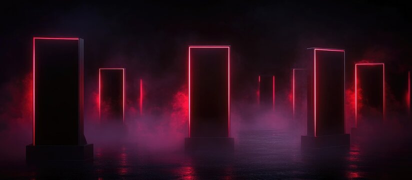 Illuminated signboards in a misty setting symbolizing modern sales and marketing strategies with vibrant red lighting effects