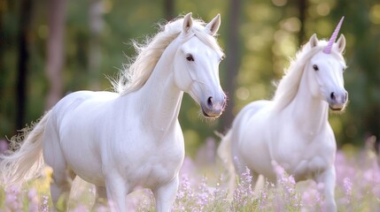 Obraz premium Two majestic white unicorns gracefully gallop through a vibrant purple flower field.
