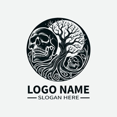 Tree of Life Skull Logo Design, Skull and Tree Symbol Logo, Life and Death Logo, Nature and Mortality Logo, Dark Fantasy Logo. 