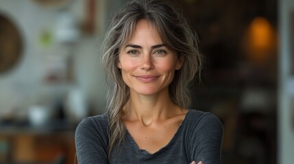Obraz premium A portrait of a woman with crossed arms and a confident smile, exuding pride and happiness in her creative career.