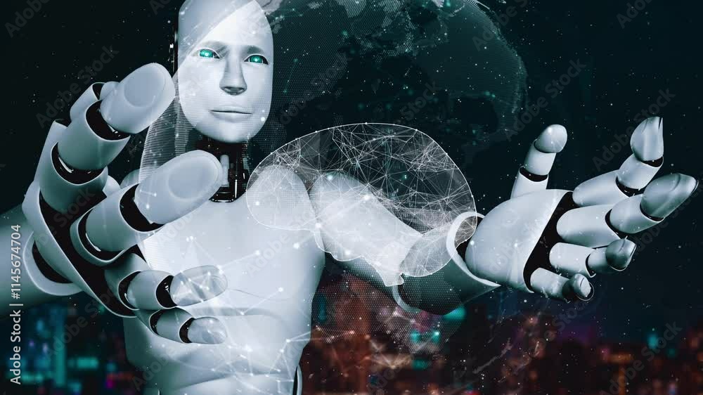 Poster ai hominoid robot holding virtual hologram screen showing concept of ai brain and artificial intelli