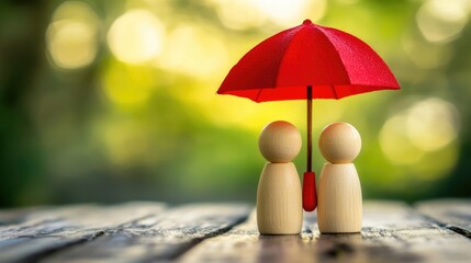 Wooden peg dolls with red umbrella symbolizing insurance protection and customer care concept for human resources and social security services