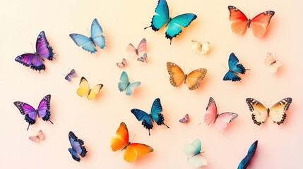 Colorful tropical butterflies in flight creating a vivid and artistic display isolated on a soft pastel background