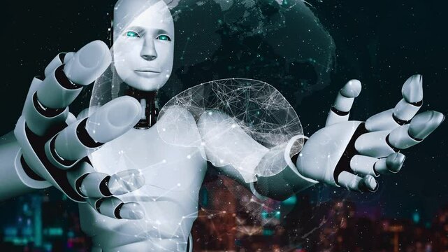 AI hominoid robot holding virtual hologram screen showing concept of AI brain and artificial intelligence thinking by machine learning process. 3D rendering.