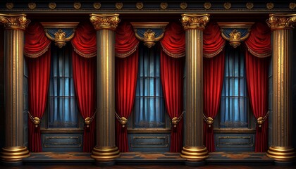 Obraz premium Elegant Gold Columns Frame Red Draped Windows